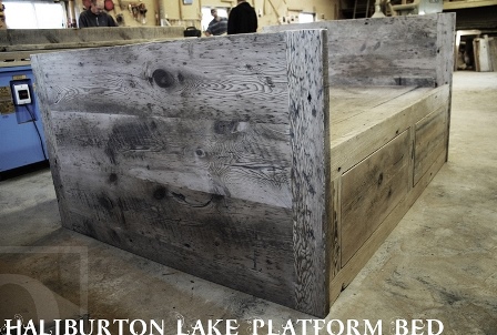 reclaimed wood beds Ontario, barnwood bed, platform bed, Haliburton Lake, Ontario, Canada, threshing floor