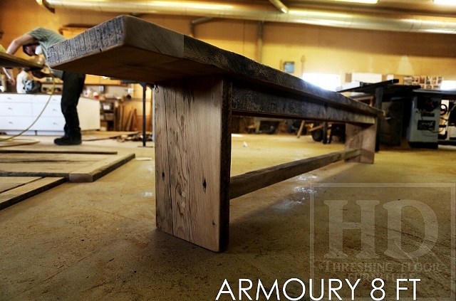 Details: 8.5 Plank Table - 42" wide - Premium epoxy + matte polyurethane finish - Reclaimed Barnwood Threshing Floor Hemlock - Matching 8.5 foot Bench 