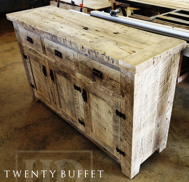 reclaimed wood console table, buffet, barnwood cabinet, hemlock, whitewash, distressed white, lee valley hardware, HD Threshing, Gerald R