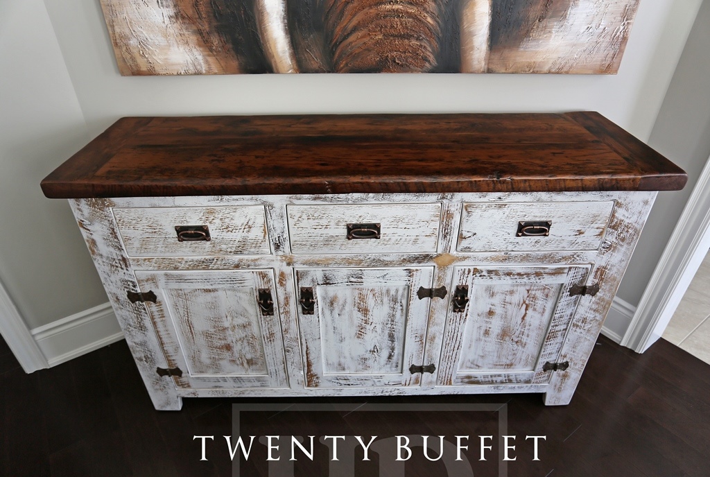 reclaimed wood console table, buffet, barnwood cabinet, hemlock, whitewash, distressed white, lee valley hardware, HD Threshing, Gerald R