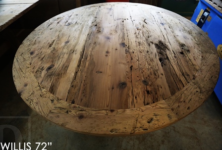 reclaimed wood tables Ontario, barnwood tables Ontario, round table, round pedestal table, hemlock