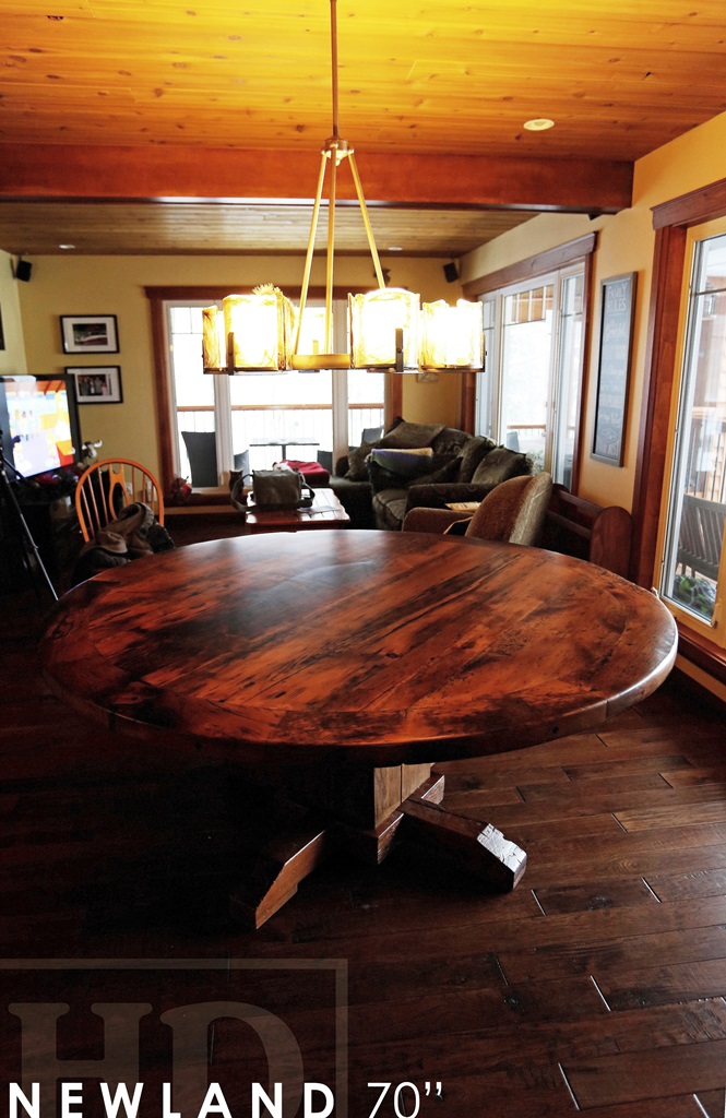 reclaimed wood round table, pedestal table, barn board table, rustic cottage table, Ontario, Dorset, epoxy, HD Threshing Floor Furniture, hemlock