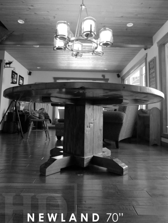 reclaimed wood round table, pedestal table, barn board table, rustic cottage table, Ontario, Dorset, epoxy, HD Threshing Floor Furniture, hemlock