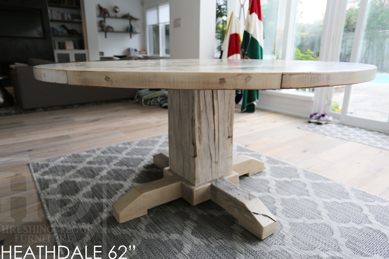 reclaimed wood round tables Ontario, Toronto, rustic table, mennonite round table, mennonite furniture Cambridge, barnwood furniture, grey table, gray table, light coloured table, distressed wood table, cottage table, farmhouse table, country style table