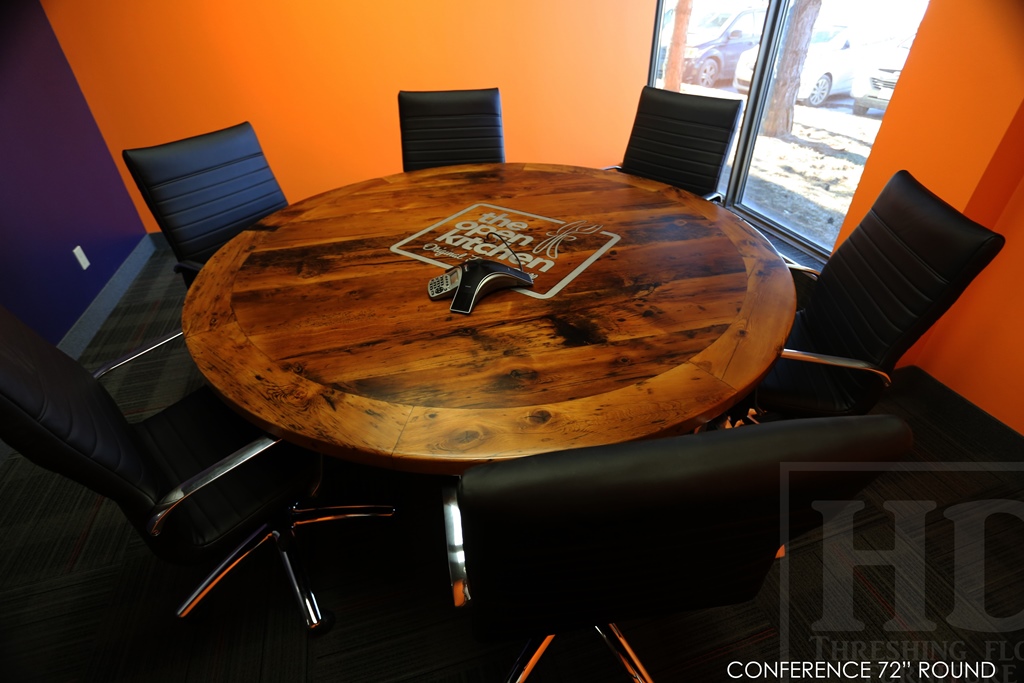 round conference room table, boardroom table, reclaimed wood table Mississauga Ontario, reclaimed wood, mennonite furniture, rustic furniture Ontario, HD Threshing, HD Threshing Floor Furniture
