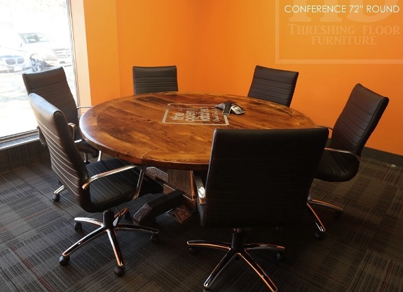 round conference room table, boardroom table, reclaimed wood table Mississauga Ontario, reclaimed wood, mennonite furniture, rustic furniture Ontario, HD Threshing, HD Threshing Floor Furniture, hand-hewn beam, office furniture Ontario