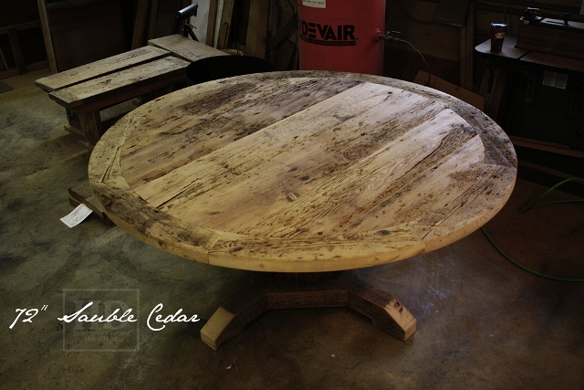 Before finishing: 72” Round Pedestal Table – Reclaimed Cedar Hydro Pole Base – Premium epoxy/ matte polyurethane finish – Hemlock Threshing Floor Board Top