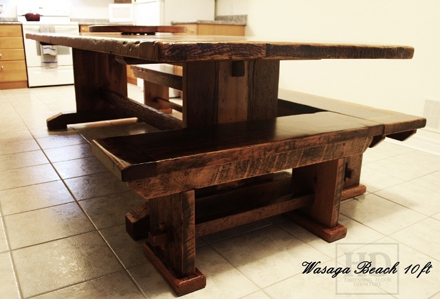 10 ft Trestle Table - 42" wide - Premium epoxy/ matte polyurethane finish - Reclaimed Threshing Floor Board Hemlock  [Matching] 24" Round Lazy Susan  [Matching] benches for two sides