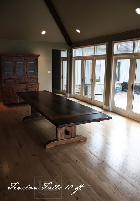 10 ft Barnwood Trestle Table - 44" wide - Premium epoxy/ matte polyurethane finish - Reclaimed Threshing Floor Board Hemlock - two 12" leaves [making total length 12 ft when extended]