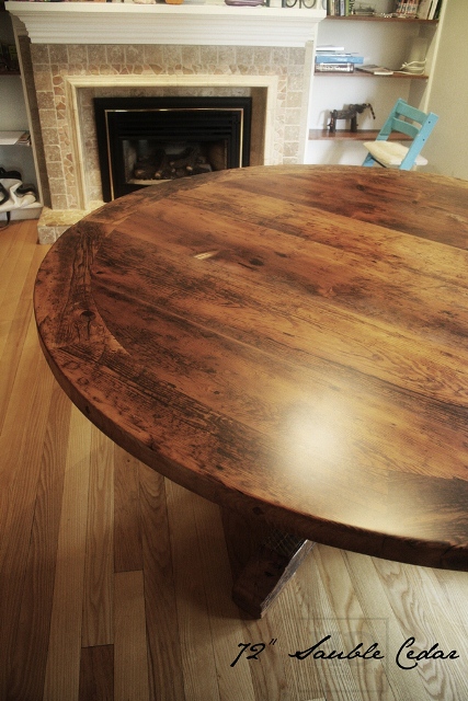 Before finishing: 72” Round Pedestal Table – Reclaimed Cedar Hydro Pole Base – Premium epoxy/ matte polyurethane finish – Hemlock Threshing Floor Board Top