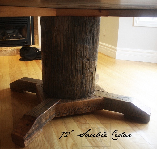 72” Round Pedestal Table – Reclaimed Cedar Hydro Pole Base – Premium epoxy/ matte polyurethane finish – Hemlock Threshing Floor Board Top