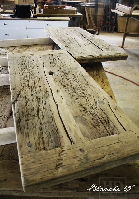 69" Harvest Table - 42" wide - Unfinished - Reclaimed 2" threshing floor board top - two 18" leaves [making total length 8 3/4 ft when extended]