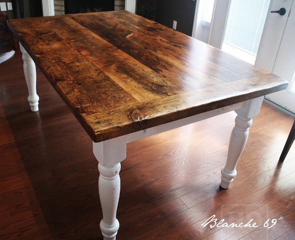 Pic: 69" Harvest Table - Epoxy finish - Reclaimed 2" threshing floor board top - two 18" leaves [making total length 8 3/4 ft when extended]