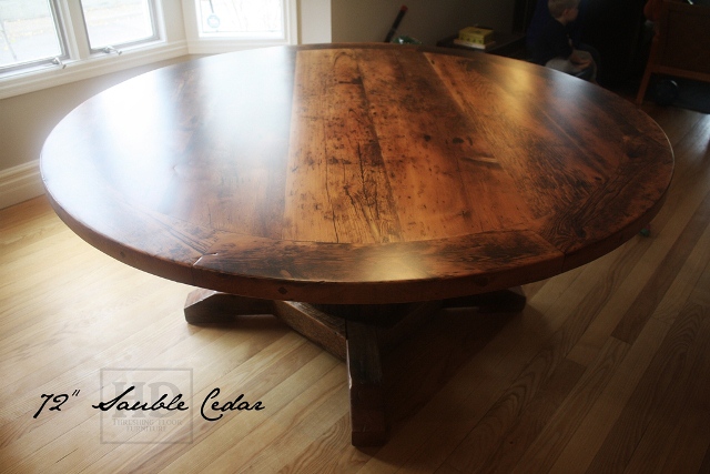 72” Round Pedestal Table – Reclaimed Cedar Hydro Pole Base – Premium epoxy/ matte polyurethane finish – Hemlock Threshing Floor Board Top