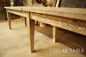 11' 1.5" Long Harvest Table - 30.5" wide - Tapered Legs - 6 legs - Premium epoxy & matte polyurethane finish - Reclaimed Threshing Floor Board construction (Hemlock)