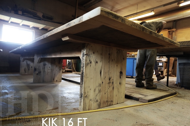 16 ft Modern Boardroom Table - 48" wide - Reclaimed Threshing Floor Pine - Premium epoxy/matte polyurethane finish - custom logo embedded