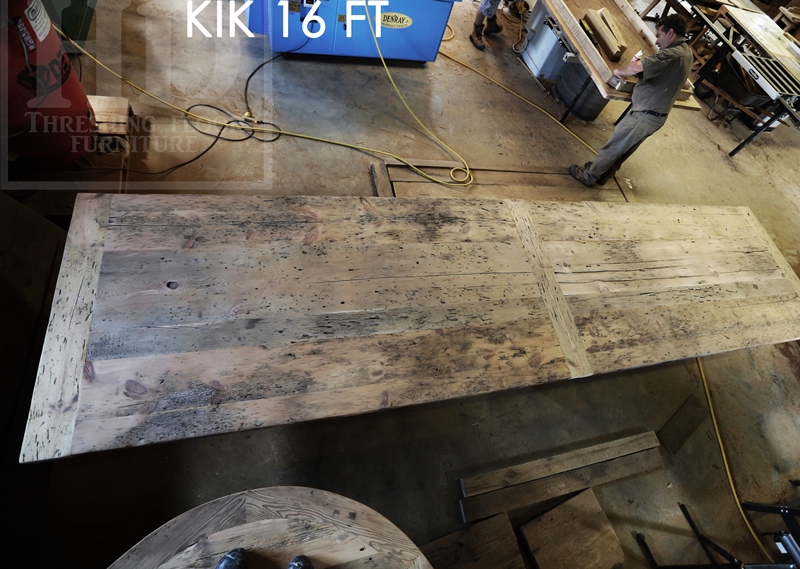 16 ft Modern Boardroom Table - 48" wide - Reclaimed Threshing Floor Pine - Premium epoxy/matte polyurethane finish - custom logo embedded