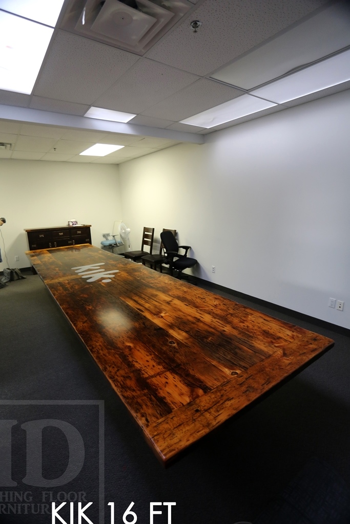 16 ft Modern Boardroom Table - 48" wide - Reclaimed Threshing Floor Pine - Premium epoxy/matte polyurethane finish - custom logo embedded