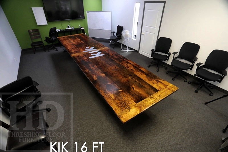 16 ft Modern Boardroom Table - 48" wide - Reclaimed Threshing Floor Pine - Premium epoxy/matte polyurethane finish - custom logo embedded