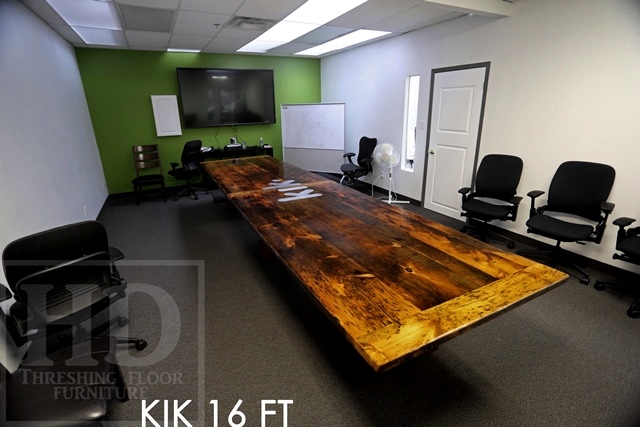 16 ft Modern Boardroom Table - 48" wide - Reclaimed Threshing Floor Pine - Premium epoxy/matte polyurethane finish - custom logo embedded