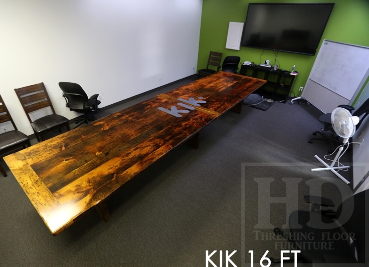 16 ft Modern Boardroom Table - 48" wide - Reclaimed Threshing Floor Pine - Premium epoxy/matte polyurethane finish - custom logo embedded