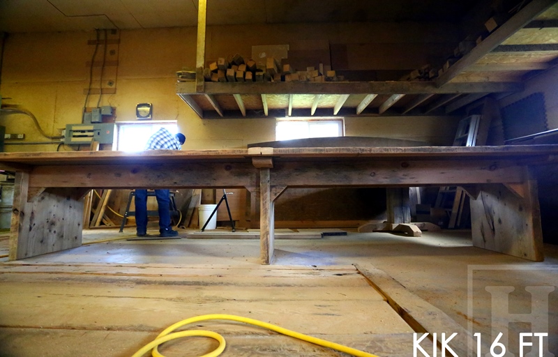 16 ft Modern Boardroom Table - 48" wide - Reclaimed Threshing Floor Pine - Premium epoxy/matte polyurethane finish - custom logo embedded
