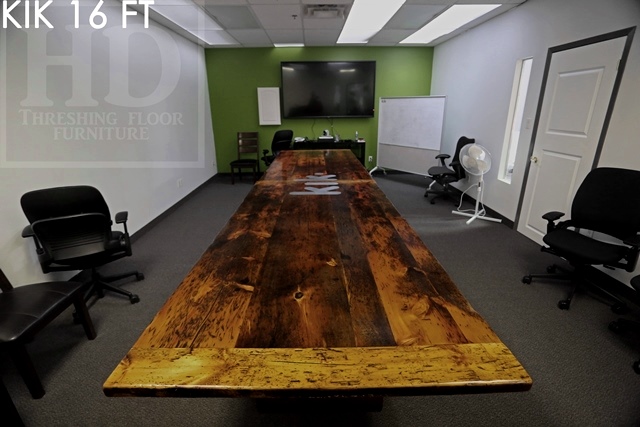 16 ft Modern Boardroom Table - 48" wide - Reclaimed Threshing Floor Pine - Premium epoxy/matte polyurethane finish - custom logo embedded