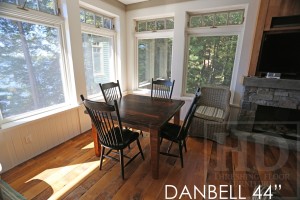 44" x 44" Harvest Table - Tapered with a Notch Legs - Reclaimed Threshing Floor Hemlock - Premium epoxy/matte polyurethane finish - 4 Black with sandthroughs wormy maple chairs