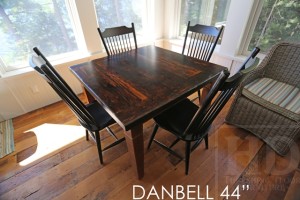 44" x 44" Harvest Table - Tapered with a Notch Legs - Reclaimed Threshing Floor Hemlock - Premium epoxy/matte polyurethane finish - 4 Black with sandthroughs wormy maple chairs
