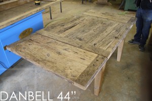 44" x 44" Harvest Table - Tapered with a Notch Legs - Reclaimed Threshing Floor Hemlock - Premium epoxy/matte polyurethane finish - 4 Black with sandthroughs wormy maple chairs