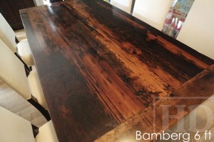72" Oakville Trestle Table - Reclaimed Threshing Floor Hemlock - Premium epoxy/matte polyurethane finish - One 18" leaf extension