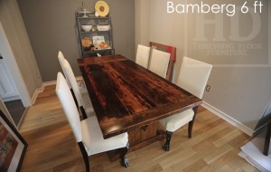 72" Oakville Trestle Table - Reclaimed Threshing Floor Hemlock - Premium epoxy/matte polyurethane finish - One 18" leaf extension