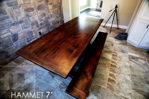 Details: 7' Trestle Table - 42" wide - Curved feet profile - Premium epoxy/matte polyurethane finish - Reclaimed Hemlock Threshing Floor - 7' [matching] trestle style bench