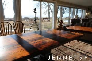9 ft Hand-Hewn Pedestals Table - 42" wide - Reclaimed Pine Threshing Floor - Customized profile on base - Black with sandthroughs base - Premium epoxy/matte polyurethane finish