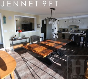 9 ft Hand-Hewn Pedestals Table - 42" wide - Reclaimed Pine Threshing Floor - Customized profile on base - Black with sandthroughs base - Premium epoxy/matte polyurethane finish