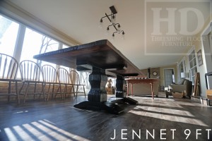 9 ft Hand-Hewn Pedestals Table - 42" wide - Reclaimed Pine Threshing Floor - Customized profile on base - Black with sandthroughs base - Premium epoxy/matte polyurethane finish