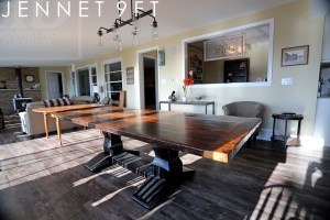 9 ft Hand-Hewn Pedestals Table - 42" wide - Reclaimed Pine Threshing Floor - Customized profile on base - Black with sandthroughs base - Premium epoxy/matte polyurethane finish