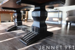 9 ft Hand-Hewn Pedestals Table - 42" wide - Reclaimed Pine Threshing Floor - Customized profile on base - Black with sandthroughs base - Premium epoxy/matte polyurethane finish