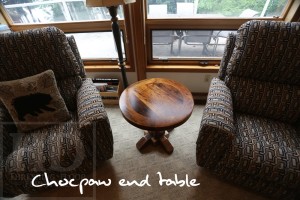 25" Round End Table - 22" height - Hand-Hewn Beam Post - Reclaimed Threshing Floor Hemlock 2" Top - Premium epoxy/matte polyurethane finish