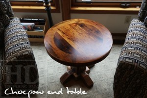 25" Round End Table - 22" height - Hand-Hewn Beam Post - Reclaimed Threshing Floor Hemlock 2" Top - Premium epoxy/matte polyurethane finish