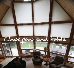 25" Round End Table - 22" height - Hand-Hewn Beam Post - Reclaimed Threshing Floor Hemlock 2" Top - Premium epoxy/matte polyurethane finish