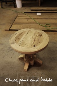 25" Round End Table - 22" height - Hand-Hewn Beam Post - Reclaimed Threshing Floor Hemlock 2" Top - Premium epoxy/matte polyurethane finish