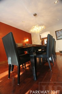 10 foot Harvest Table - 42" wide - Reclaimed Hemlock - Premium epoxy/matte polyurethane finish - Black skirting and Legs - Cabriole style legs - 8 Black topgrain leather chairs