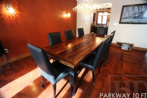 10 foot Harvest Table - 42" wide - Reclaimed Hemlock - Premium epoxy/matte polyurethane finish - Black skirting and Legs - Cabriole style legs - 8 Black topgrain leather chairs