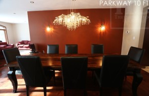 10 foot Harvest Table - 42" wide - Reclaimed Hemlock - Premium epoxy/matte polyurethane finish - Black skirting and Legs - Cabriole style legs - 8 Black topgrain leather chairs