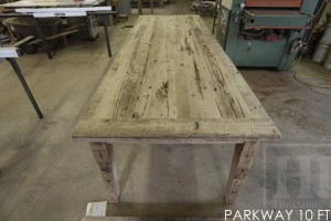 10 foot Harvest Table - 42" wide - Reclaimed Hemlock - Premium epoxy/matte polyurethane finish - Black skirting and Legs - Cabriole style legs - 8 Black topgrain leather chairs