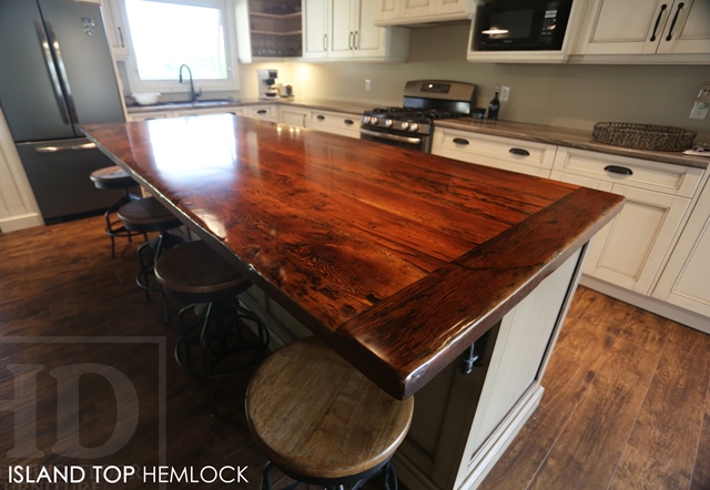 91" x 42" Island Top - Reclaimed Threshing Floor Hemlock - Premium epoxy/matte polyurethane finish - 2" thick - original barnboard edges