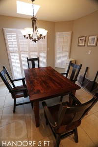Details: 5 foot Harvest Table - 38" wide - Tapered with a Notch Legs - Reclaimed Hemlock - One 18" leaf - Premium epoxy/matte polyurethane finish 4 Arm Plank Chairs - wormy maple - seat stained dominant tone of table top - black with sandthroughs frame - seat stained dominant tone of table top - polyurethane clear-coat finish