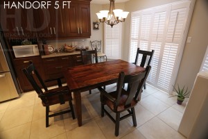 Details: 5 foot Harvest Table - 38" wide - Tapered with a Notch Legs - Reclaimed Hemlock - One 18" leaf - Premium epoxy/matte polyurethane finish 4 Arm Plank Chairs - wormy maple - seat stained dominant tone of table top - black with sandthroughs frame - seat stained dominant tone of table top - polyurethane clear-coat finish