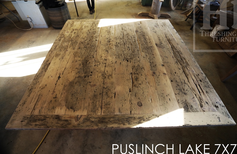 7 ft x 7 ft Pedestal Table - Hand-Hewn Beam Post - mitred corners - Reclaimed Threshing Floor Pine - Premium epoxy/matte polyurethane finish - two [matching] 7 ft trestle style benches 
